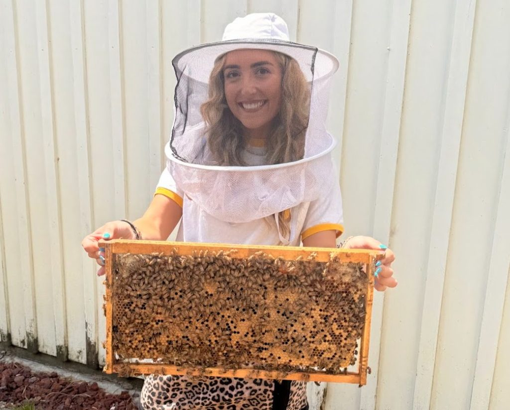 Person wearing a beekeeping suit holds a honeycomb frame covered with bees, standing in front of a white corrugated wall.