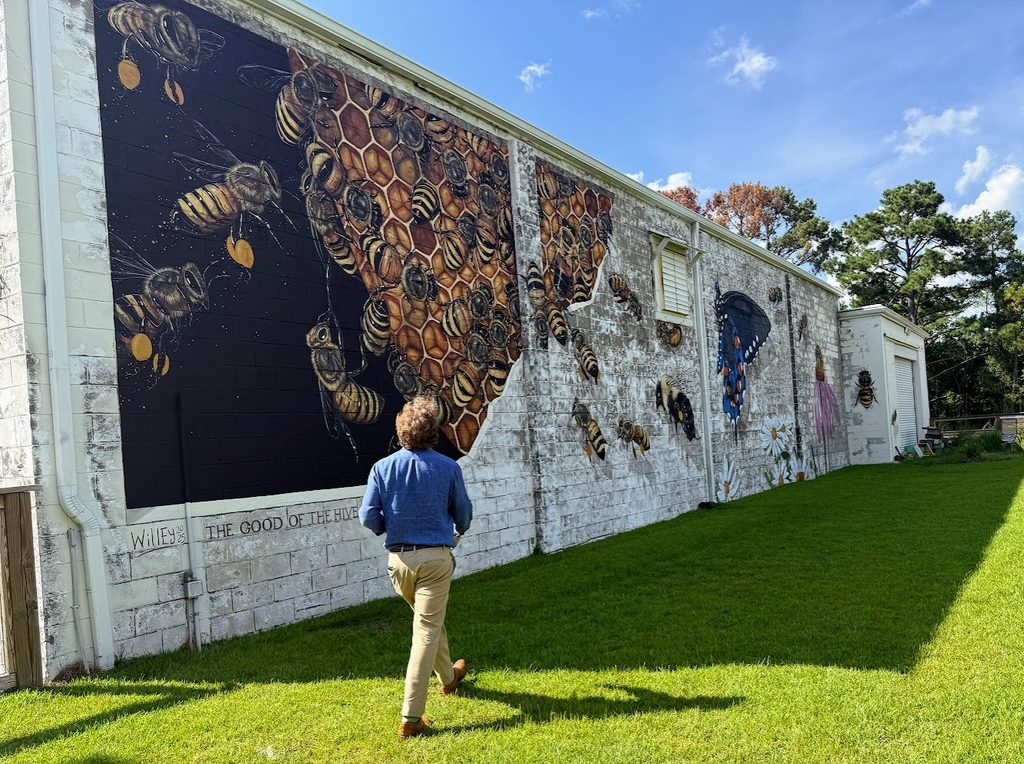 A person walks toward a large mural on a white building featuring bees, honeycomb, butterflies, and flowers on a sunny day.